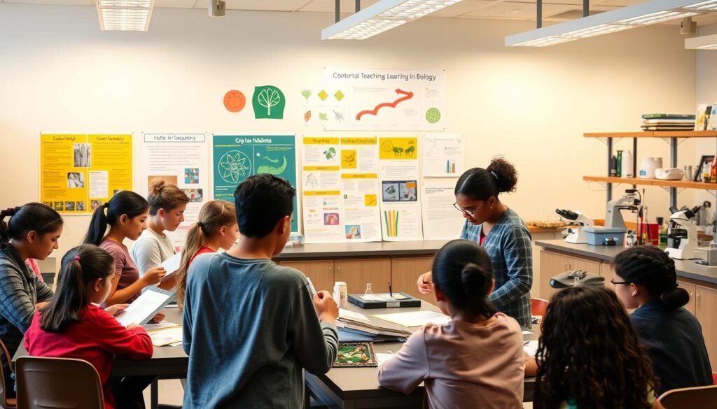 A classroom setting with a group of diverse students engaged in hands-on learning activities. In the foreground, a teacher guides students as they explore various educational materials and resources. The middle ground features posters, charts, and interactive displays showcasing the key concepts of contextual teaching and learning in biology. The background depicts a well-equipped science laboratory, complete with microscopes, specimens, and other scientific equipment. The lighting is warm and inviting, creating a collaborative and engaging atmosphere. The scene conveys a sense of exploration, discovery, and the practical application of biological principles in a contextual manner.