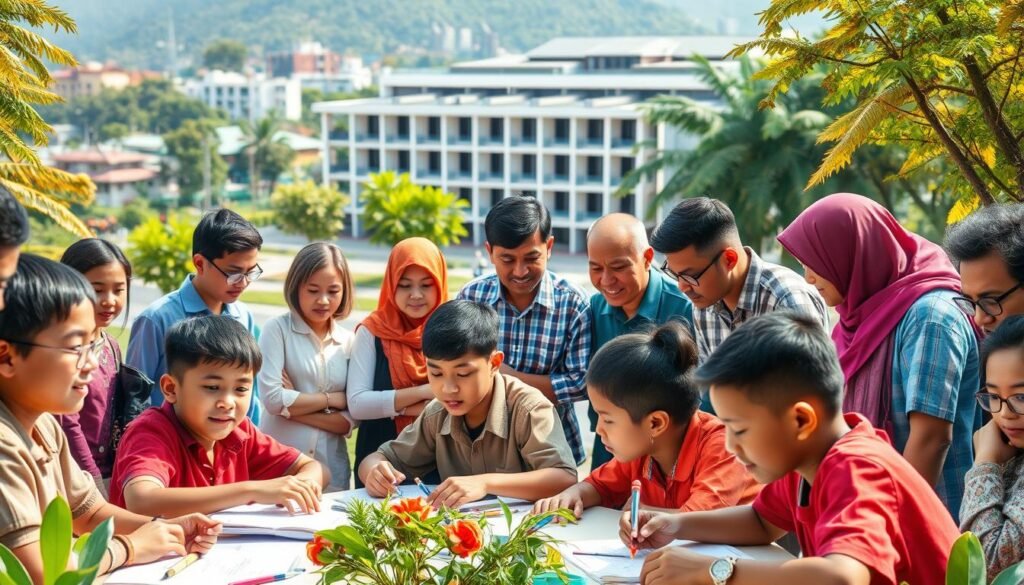A dynamic collaboration between diverse stakeholders in a vibrant educational landscape. In the foreground, students of various backgrounds engage in hands-on, collaborative learning activities, their faces alight with curiosity and enthusiasm. The middle ground showcases teachers, administrators, and community leaders earnestly discussing strategies to elevate the quality of education, their body language conveying a shared sense of purpose. In the background, a modern, well-equipped school building stands as a symbol of progress, surrounded by lush greenery and a bustling urban environment. Warm, natural lighting illuminates the scene, creating a sense of hope and optimism. The overall composition reflects the ideal of a multi-faceted, inclusive approach to transforming Indonesia's education system.