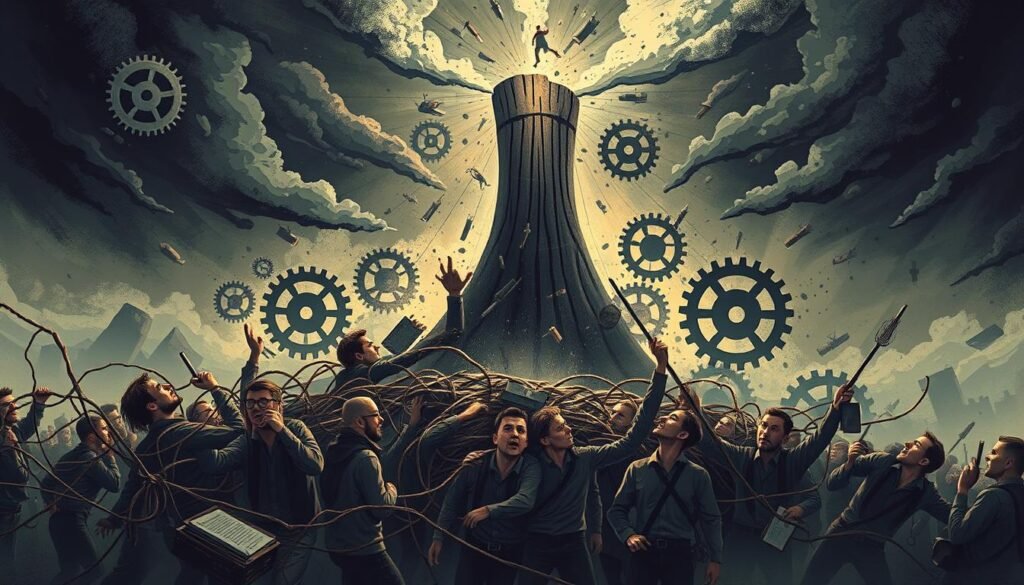 A dynamic, multi-layered illustration depicting the challenges of organizational change. In the foreground, a group of workers grapple with a tangled web of obstacles, their expressions conveying the strain of adapting to new processes and systems. In the middle ground, a towering pillar of resistance looms, representing the inertia and apprehension that often hinder transformation. The background paints a landscape of disruption, with gears and cogs in a state of flux, symbolizing the complex machinery of change. The lighting is a moody, dramatic chiaroscuro, casting dramatic shadows and highlighting the tension inherent in the scene. The overall atmosphere evokes the sense of a formidable challenge that requires agility, resilience, and strategic maneuvering to overcome.