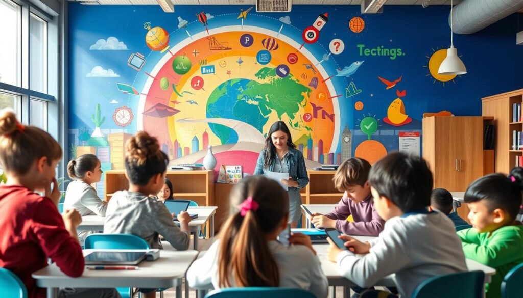 A modern and dynamic classroom setting, with students engaged in interactive learning activities. The foreground features a group of students collaborating on a project, using digital devices and hands-on materials. In the middle ground, the teacher guides the class, facilitating discussions and providing personalized feedback. The background showcases a vibrant, colorful mural depicting a vision of educational transformation, highlighting the integration of technology, critical thinking, and creative problem-solving. The scene is illuminated by warm, natural lighting, creating a welcoming and inspiring atmosphere that embodies the spirit of educational change.