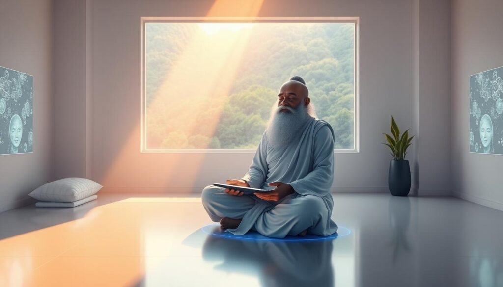 A serene digital workspace in an era of enlightenment. Amidst a softly lit, minimalist room, a guru figure sits cross-legged, exuding a sense of calm and wisdom. Holographic displays and ambient lighting create an aura of tranquility, while a panoramic window offers a view of a lush, verdant landscape beyond. The guru's hands rest gently on a tablet, symbolizing the fusion of ancient knowledge and modern technology. Rays of warm light filter through the window, casting a contemplative glow on the scene. This image evokes a harmonious balance between the digital age and the timeless pursuit of wisdom and understanding.