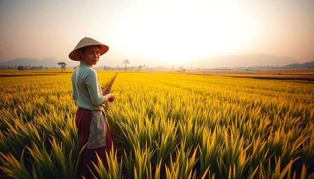 A serene, sun-dappled field of vibrant, lush rice paddies stretches out towards a horizon softened by distant mountains. In the foreground, a young farmer tends to the plants, their movements graceful and purposeful, conveying a deep connection to the land. The scene is infused with a warm, earthy palette, the natural light casting a gentle, golden glow that enhances the verdant foliage and the farmer's traditional garments. The overall atmosphere evokes a sense of harmony, balance, and the enduring cultural traditions of agricultural practices. A wide-angle lens captures the expansive, picturesque landscape, inviting the viewer to immerse themselves in this tranquil, "aura farming" moment.