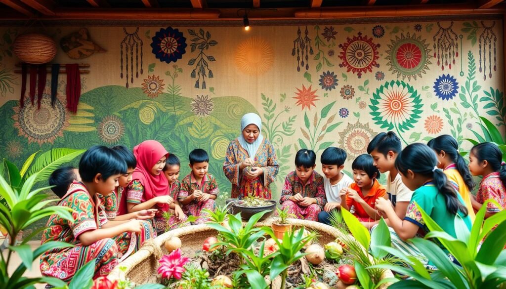 A vibrant, ethnically-inspired scene depicting the concept of "Strategi pembelajaran berbasis budaya". In the foreground, a diverse group of students engaged in hands-on, collaborative learning activities, surrounded by colorful cultural artifacts, textiles, and natural elements. The middle ground features an experienced teacher guiding the students, using traditional teaching tools and methods. In the background, a lush, verdant landscape with intricate indigenous patterns and motifs, creating a sense of harmony between the educational process and the cultural context. Warm, diffused lighting illuminates the scene, evoking a welcoming and immersive atmosphere. The overall composition emphasizes the integration of local cultural knowledge and practices into the biology curriculum, fostering a deeper connection between students and their natural environment.