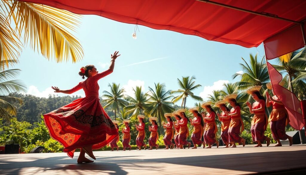 A vibrant scene of a traditional Malay dance, "Togak Luan Pacu Jalur," unfolding on a sun-dappled stage. In the foreground, a young performer clad in a resplendent costume of vibrant colors gracefully twirls and leaps, their movements fluid and precise. The middle ground reveals a troupe of accompanying dancers, their synchronized steps and intricate footwork creating a mesmerizing display. In the background, a lush tropical landscape provides a verdant backdrop, with swaying palm fronds and a clear azure sky overhead, bathing the scene in a warm, golden glow. The overall atmosphere evokes a sense of cultural heritage, joyful celebration, and the infectious energy of Riau's iconic "Bocah Viral" phenomenon.